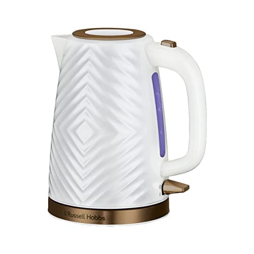 Image of Russell Hobbs Groove Electric 1.7L Cordless Kettle (Fast Boil 3KW, White textured plastic with brushed gold accents, Removable washable anti-scale filter, Push to open lid, Perfect pour spout) 26381