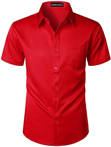 Image of PARKLEES Mens Casual Urban Stylish Slim Fit Short Sleeve Button Up Dress Shirt with Pocket Red L