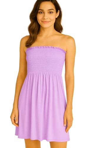Image of STAR FASHION Women’s Strapless Sheering Ruched Bandeau Dress Plain Boob Tube Sleeveless Midi Dress Summer Holiday Beach Flared Dress Soft Stretch Lilac 20-22