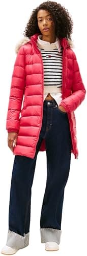 Image of Tommy Jeans Women's Essential Hooded Down Coat with Faux Fur, Red (Vintage Cerise), XS