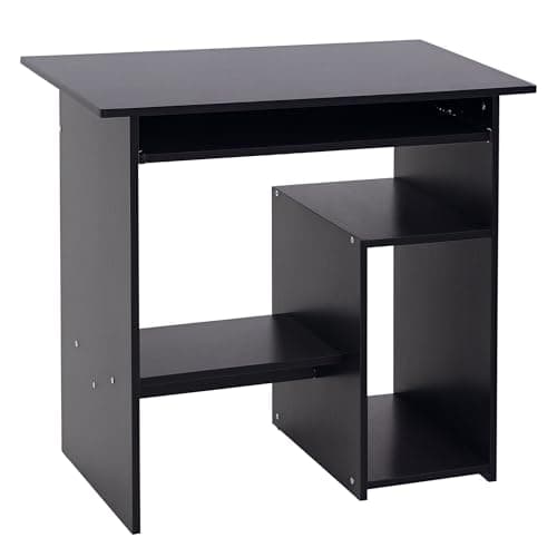 Image of HOMCOM Compact Small Computer Table Wooden Desk Keyboard Tray Storage Shelf Modern Corner Table Home Office Black