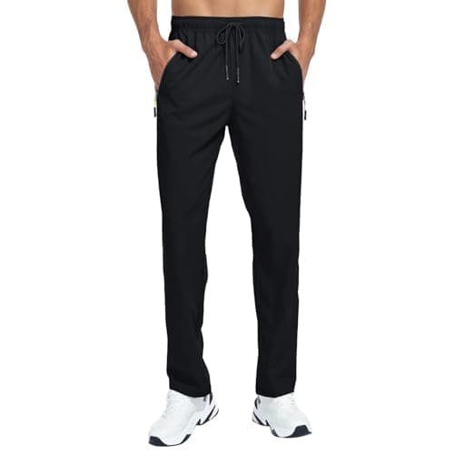 Image of Quick Dry Walking Hiking Trousers for Men UK Mens Lightweight Joggers with Zip Pockets Straight Leg Outdoor Pants Loose Fit Moisture Wicking Fabric for Camping Trekking Breathable Bottoms M Black