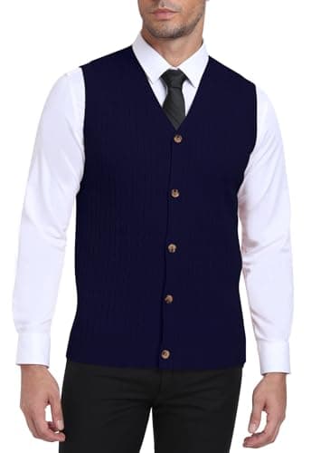 Image of PCEAIIH Men's Gilets Knit Sweater Vest V Neck Sleeveless Cardigan Top with Buttons Classic Business Gentleman Knitwear Navy