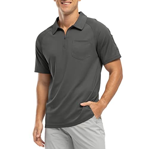 Image of Rdruko Mens Polo Shirts Short Sleeve Summer 1/4 Zip Neck Work T-Shirs Breathable Wicking Quick Dry Casual Smart Golf Tops with Pocket Dark Grey M