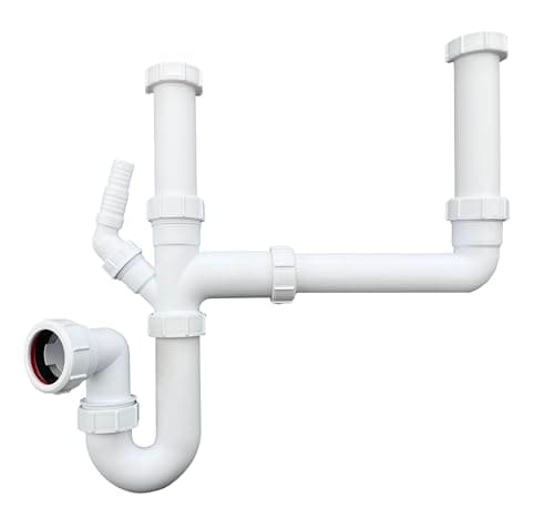Image of PlumbEZ Double Bowl Sink Waste Kit and Half Bowl Trap Kit - Multi-Fit 1.1/2" 40mm Double Bowl P Trap Kit with Washing Machine Waste Splitter, Sink Waste Kit BS EN 247-1:2002 75mm Water Seal