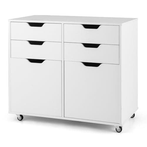 Image of COSTWAY Mobile File Cabinet, 4/5 Drawers Lateral Stationery Storage Organiser Chest with Wheels and 1/2 Doors, Home Office Printer Stand Side Filing Cupboard (White-4 Drawers, 73 x 40 x 64cm)
