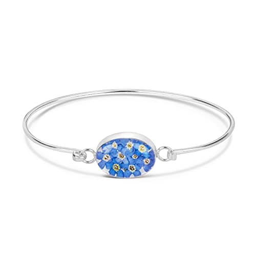 Image of Natural Flower Jewellery Sterling Silver Oval Bangle Made With Real Forget Me Nots
