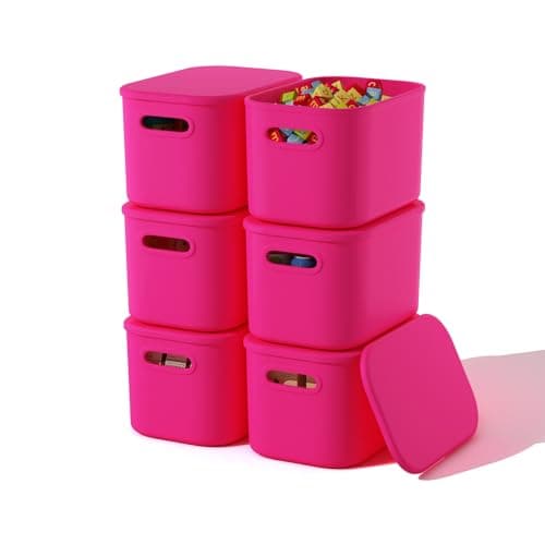 Image of ORGIDOL 6 Pack Pink Storage Bins with Lids Stackable Storage Container for Organizing, Storage Boxes with Handle for Shelves, Cute Storage Bin for Craft, Snacks, 9.85x6.9x5.7 inch