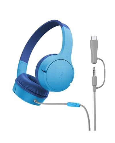 Image of Belkin SoundForm Mini Kids Wired Headphones with USB-C to 3.5mm Dongle, Built-in Mic & Fun Stickers, 85dB Max Volume – for Online Learning, Travel, Compatible with iPhone, iPad, Galaxy, etc - Blue