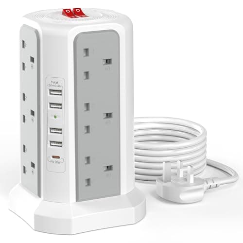 Image of Tower Extension Lead 3M with 5 USB Slots and 20W USB C Fast Charger (13A 3250W), HAFINO 12 Way Plug Extension Tower, Surge Protected Extension Lead with Switch, Multi Plug Socket with Extension Cable