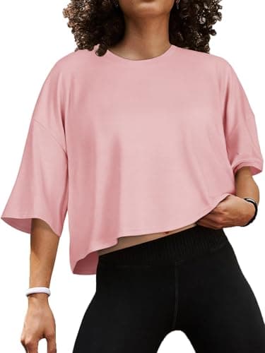 Image of Crop Tops for Women Summer Oversized Cropped T Shirt Half Sleeve Loose Fit Casual Tees(Pink,M)