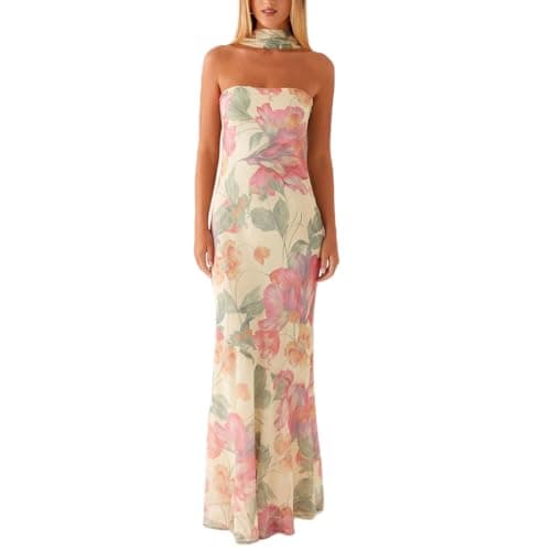 Image of Edhomenn Women Y2K Floral Formal Strapless Maxi Dress Sexy Sleeveless Backless Mesh Long Bodycon Tube Summer Sundress (Ba Mixed Color, L)
