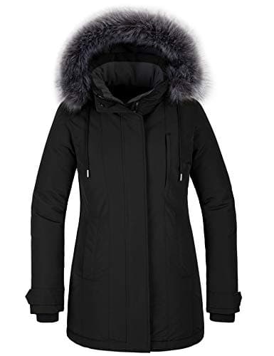 Image of CHIN·MOON Women's Warm Puffer Jacket Waterproof Winter Coat Windproof Down Jacket with Hood Outdoor Parka Jacket Mid Length Thicken Overcoat with Faux Fur Hooded Black XL