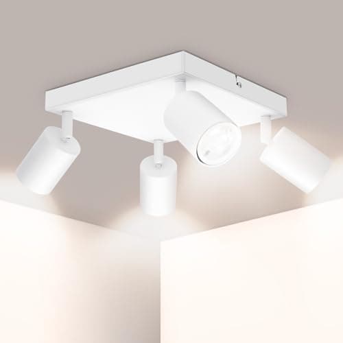 Image of Ketom Adjustable 4 Way Ceiling Spotlight Fitting, GU10 LED Ceiling Light Rotatable, Indoor Spotlights Ceiling Lights, Modern White Metal Square Ceiling Spotlight, GU10 Bulb Base, Bulb Not Included
