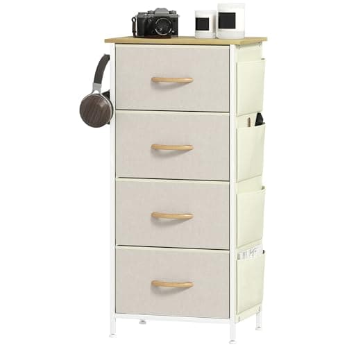 Image of HOMCOM Chest of Drawers, Dresser for Bedroom with 4 Fabric Drawers, Tall Storage Unit with 4 Pockets, 2 Hooks and Steel Frame for Living Room, Hallway, Beige
