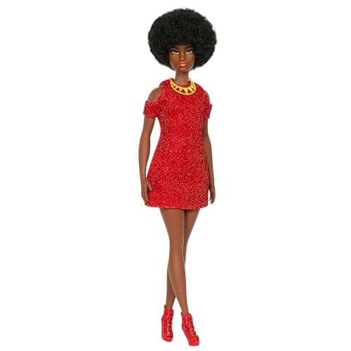 Image of Barbie Fashionistas Doll #221 with Natural Black Hair Wearing Removable Red Dress & Accessories, 65th Anniversary Collectible Toy