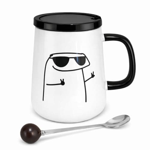Image of SUBLIX Ceramic Coffee Mug with Lid & Spoon – 350ml Cute Doodle Design Mug Set, Premium Tea Cup with Removable Lid & Stainless Steel Spoon – Gift for Home & Office (Sunglas)
