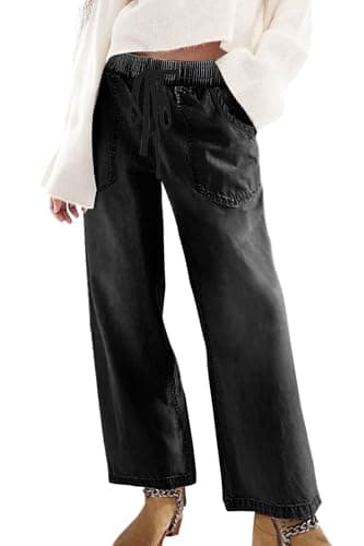 Image of SESERAGI Womens Barrel Stretch Jeans Distressed Drawstring Wide Leg Loose Pull On Denim Jeans Pants, W-black, Large