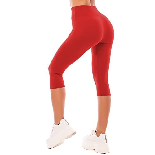 Image of SINOPHANT High Waisted Capri 3/4 Length Leggings for Women, Buttery Soft Elastic Opaque Tummy Control Leggings, Cropped Trousers for Workout Gym Yoga(Red, S-M)