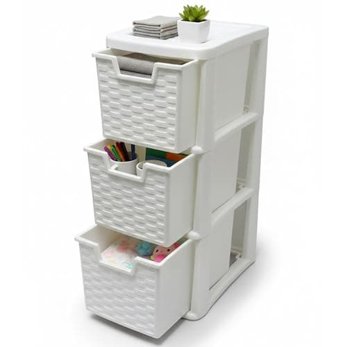 Image of SIDSONS 3 Tier Rattan Drawers - Multipurpose Storage Organization, Modular Medium Storage Tower For Home, Office, Garage, White Desktop Drawer, Rattan Effect 48cm Height x 25cm Depth x 19cm Width (1)
