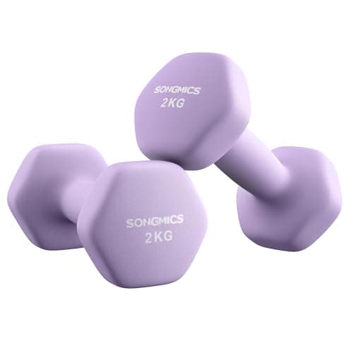 Image of SONGMICS Set of 2 Dumbbells, 2 x 2 kg Hand Weights with Neoprene Coating, Hexagonal Dumbbells Pair, Home Workout, Fitness Training Exercise, Ash Purple SYL904PZ02