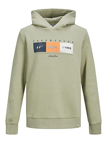 Image of JACK & JONES Boys Pullover Hoodie Logo Printed Warm Hooded Sweat Top Oil Green 10 Years