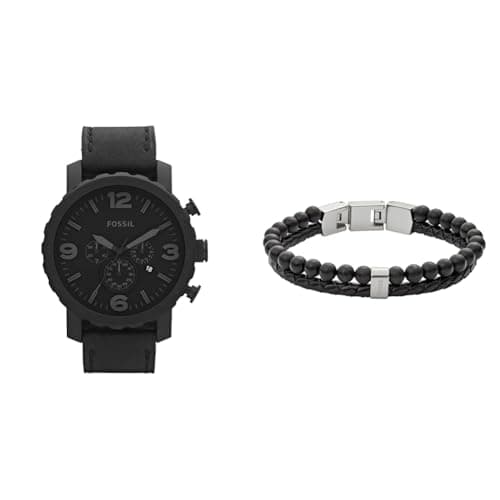 Image of FOSSIL Men's Nate Black Leather Watch and Townsman Semi-Precious Stainless Steel Bracelet, Set