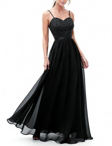 Image of DRESSTELLS Spaghetti Strap Wedding Guest Dresses for Women UK, Maxi Lace Chiffon Elegant Formal Bridesmaid Evening Prom Cocktail Party Ladies Dress Black XL