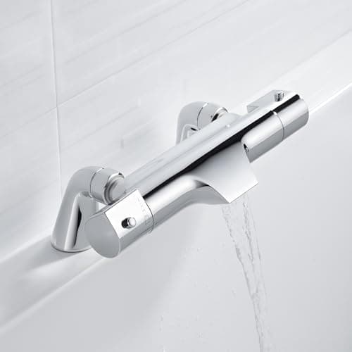 Image of Thermostatic Bath Shower Mixer Deck Mounted Bath Shower Mixer Tap with Waterfall Bath Filler Spout, 38℃ Safety Anti-Scald Thermostatic Shower Mixer Taps Valve Solid Brass, Chrome, 180mm