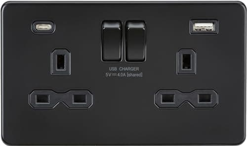 Image of 13A 2G SP Switched Socket with Dual USB A+C (5V DC 4.0A shared) - Matt Black with Black Insert