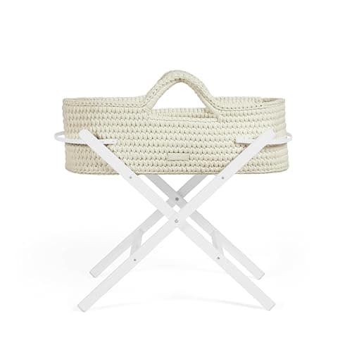 Image of Ickle Bubba Nova Crochet Moses Basket & Foldable Stand - Suitable from Birth to 9kg, Compact and Lightweight, Includes Plush Mattress, Ideal for Naps at Home or Travelling (Cloud/White)