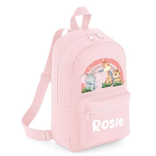 Image of The Baby Box UK Personalised Girls Backpack Toddler Safari Rainbow Back Pack Childrens Rucksack (Powder Pink)