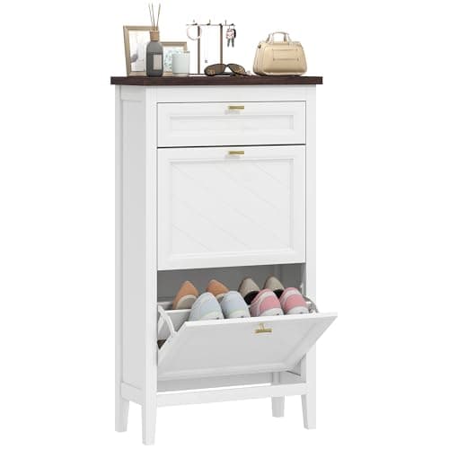 Image of HOMCOM Shoe Cabinet with 2 Flip Drawers, Farmhouse Narrow Shoe Storage Cabinet with Adjustable Shelves, Storage Drawer, Freestanding for Entryway, Hallway, Living Room, Holds 8-12 Pairs, White