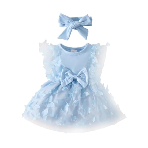 Image of QUNERY Baby Girl Clothes Flower Dress Long Sleeve Butterfly Princess Wedding Birthday Party Bowknot Dresses for Infant Girl Sleeveless Sky Blue 0-3 Months