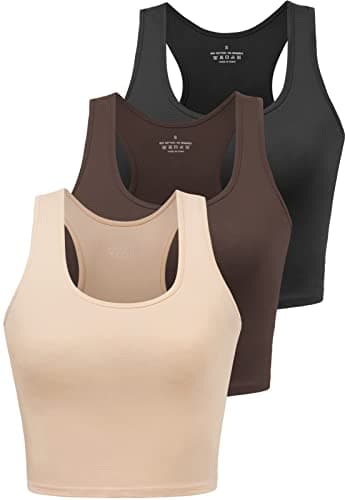 Image of BryticFlow Women's Crop Vest Top 3 Pack Cotton Gym Tops for Yoga Running Shirts Racerback Sleeveless Workout Tank Cropped Ladies Tops Black/Coffee/Beige L