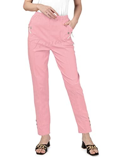 Image of femiss Womens Trousers Elasticated High Waist Relax Fit Ladies Full Length Casual Everyday Soft Stretchy Lightweight Pants (Pink-T5)