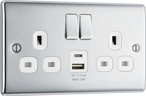 Image of BG Electrical 12W Double Switched Power Wall Plug Socket with Type A and Type C USB Charging Ports, Nexus Metal, Polished Chrome, 13A, NPC22UAC12W