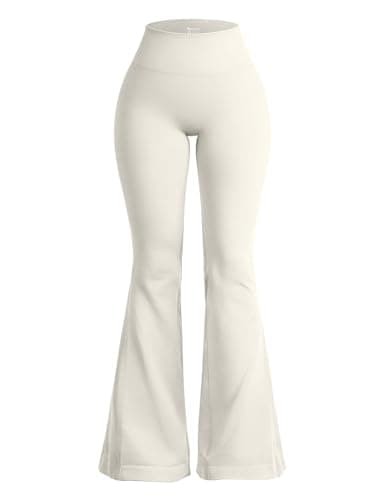 Image of OQQ Women's Yoga Leggings High Waisted Seamless Ribbed Stretchy Flared Bell Bottoms for Women Beige