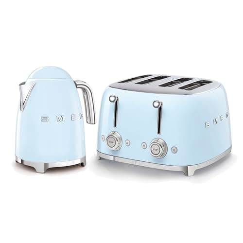 Image of Smeg 50’s Style Retro Range Breakfast Set, 1.7L 3000W Kettle and Multi-Functional Control 4-Slice 2000W Toaster, Pastel Blue, KLF03PBUK/ TSF03PBUK