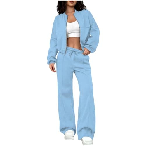 Image of Mrat Tracksuit Womens 2 Piece Sets Long Sleeve Zip Up Bomber Jackets Crop Tops Drawstring Elastic High Waist Trousers Sweatpants Joggers Co Ord Set Gym Sports Activewear Loungewear Ladies Sweatsuits
