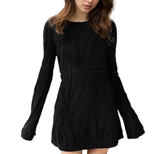 Image of EMOTTOS Women Wavy Stripe Mini Dress, Sexy Bodycon Dresses with Round Neck, Wrap Slim Fit Short Clubwear Going Out Casual Clubbing Party Cocktail Birthday for Ladies, Black, S
