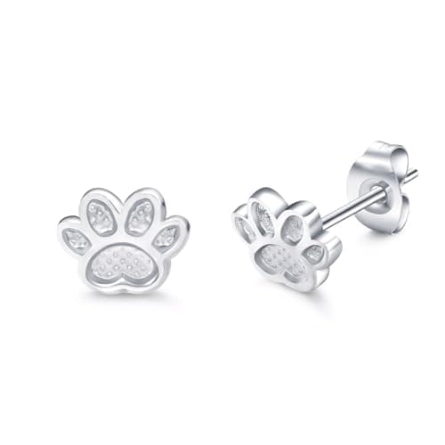Image of Dainty 20G Paw Print Small Stud Earrings, G23 Titanium Hypoallergenic Cartilage Earrings for Women, Trendy Silver Plated Pet Lover Jewellery Gift
