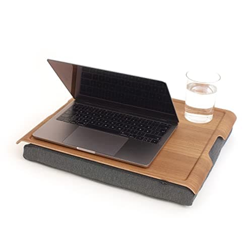 Image of Bosign. Lap Tray with bean bag cushion. Portable Lap desk for Laptop, Breakfast, Dinner. Non-slip tray. Washable, removable cushion cover. Natural Teak wood. Grey cushion. LARGE (46x38x6,5 cm)