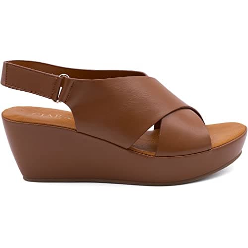 Image of CIARA LONDON Ladies Slip On Mid Heel Wedge Casual Summer Sandals, Hook & Loop, Slingback, Open Toe, Tan UK 5
