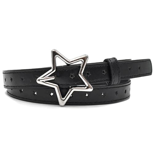 Image of RubyTint Women's Adjustable PU Leather Belt with Star Buckle, Thin Waist Belt for Jeans, Dresses and Casual Outfits, Fashion for Women and Teen Girls, Black (black)