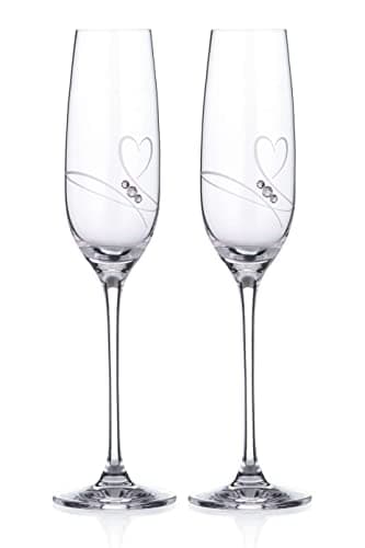 Image of DIAMANTE Champagne Flutes Prosecco Glasses Pair with ‘Romance ’ Hand Cut Design Embellished with Crystals Set ot Two Glasses with Gift Box
