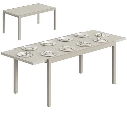 Image of Outsunny Extending Garden Table, Aluminium Outdoor Dining Table for 8-10 with Wood-Like Grained Surface, Adjustable Foot Pads for Balcony Porch, 154/214 x 85 x 75 cm, Light Grey Wood Effect