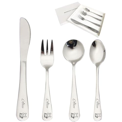 Image of Personalized Cutlery Set for Kids Children Toddler Cutlery 4pcs Engraved Knife Fork Spoon Stainless Steel Cutlery Set Christening Christmas Gifts for Boy Kids Girls Cutlery Gifts (Rabbit)