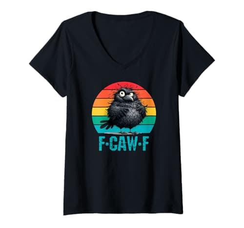 Image of Womens F-Caw-F Black Crow Black Bird Retro Sunset Vintage F-Caw-F V-Neck T-Shirt