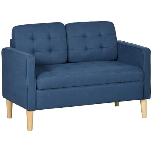 Image of HOMCOM 2 Seater Storage Sofa, Fabric Couch with Hidden Under Seat Storage, Thick Cushions, Compact Space Saving Settee with Rubberwood Legs for Living Room, Apartment, Blue